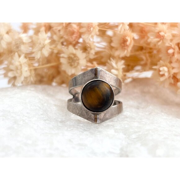 Genuine Tiger's Eye Israeli Made 925 sterling Silver Vintage Ring - sz 6.5 - Picture 8 of 10